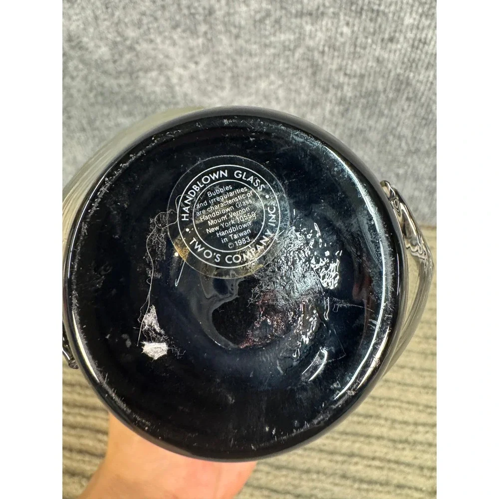 Vintage 1983 Two's Company Handblown Black Glass Vase Clear Ribbed Handles 7in